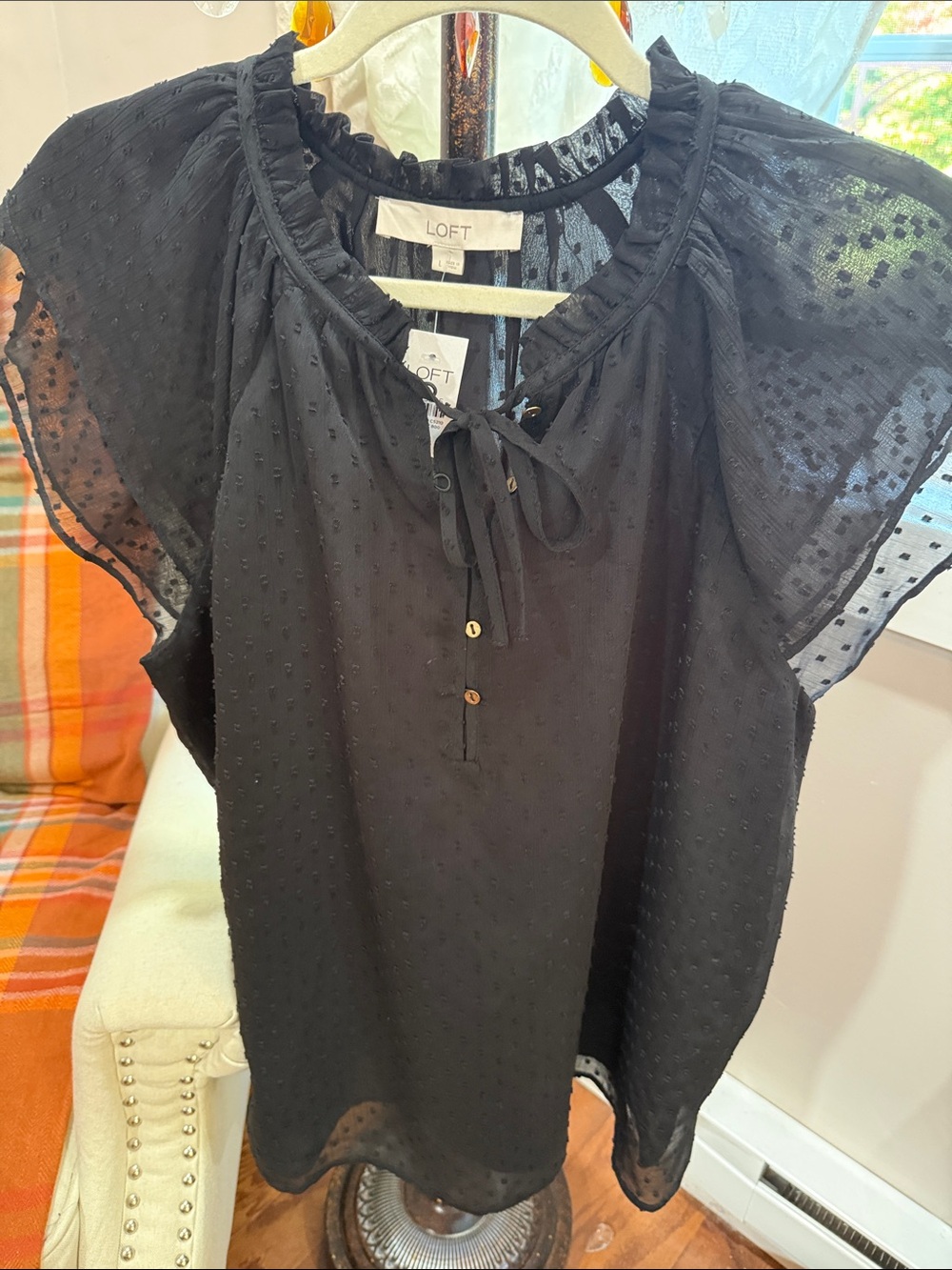 LOFT Swiss Dot Tie Neck Flutter Sleeve Blouse Size L - Picture 3 of 7